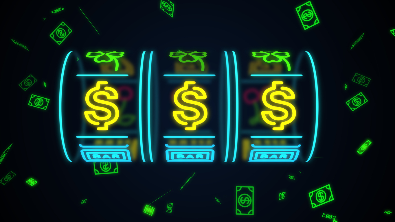 neon stylized illustration of slot machine wheels floating in space on a dark background, the reels are aligned to $$$ and there are bills of cash money floating around.