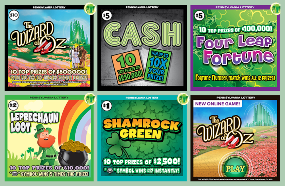 6 different scratchers from the Pennsylvania Lottery are shown: scratch-off Wizard of OZ, CASH, Four Leaf Fortune, Leprechaun Loot, Shamrock Green, and online Wizard of OZ.