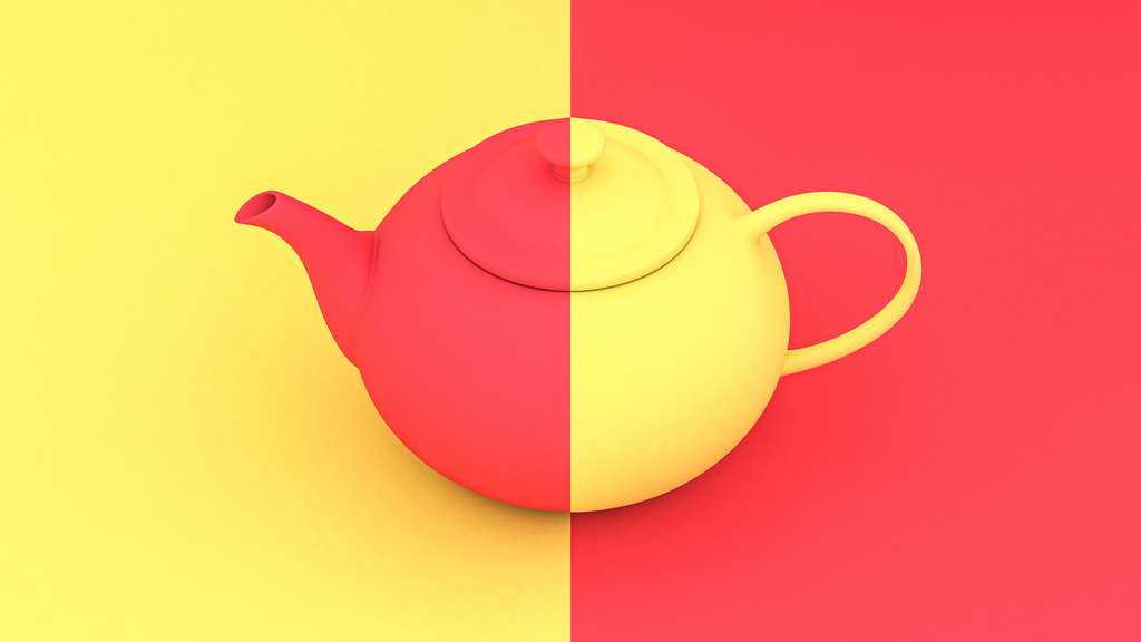 a red and yellow teapot on a red and yellow background.