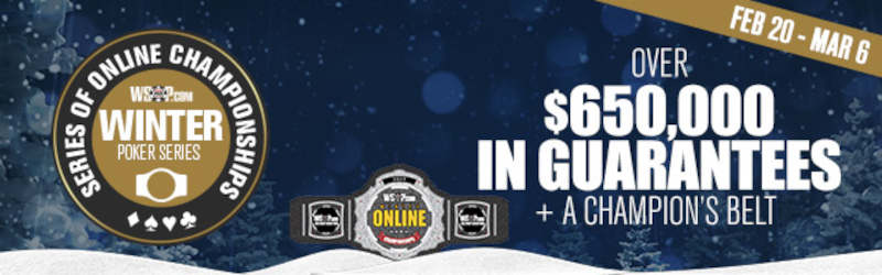 Promo image for The 2022 WSOP PA Online Poker Winter Championship, highlighting the $650,000 total guaranteed and famed championship belt for the winner. ME has a cool $150K guarantee plus the coveted Championship Belt for the big winner. Feb 20-Mar 6